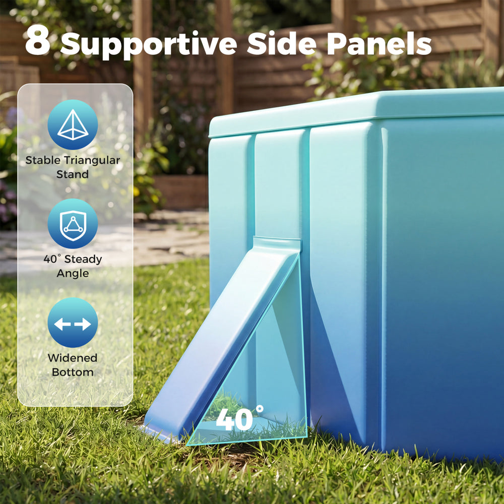 Non-inflatable portable swimming pool showing 8 supportive side panels and a 40° angle for stability in outdoor use.