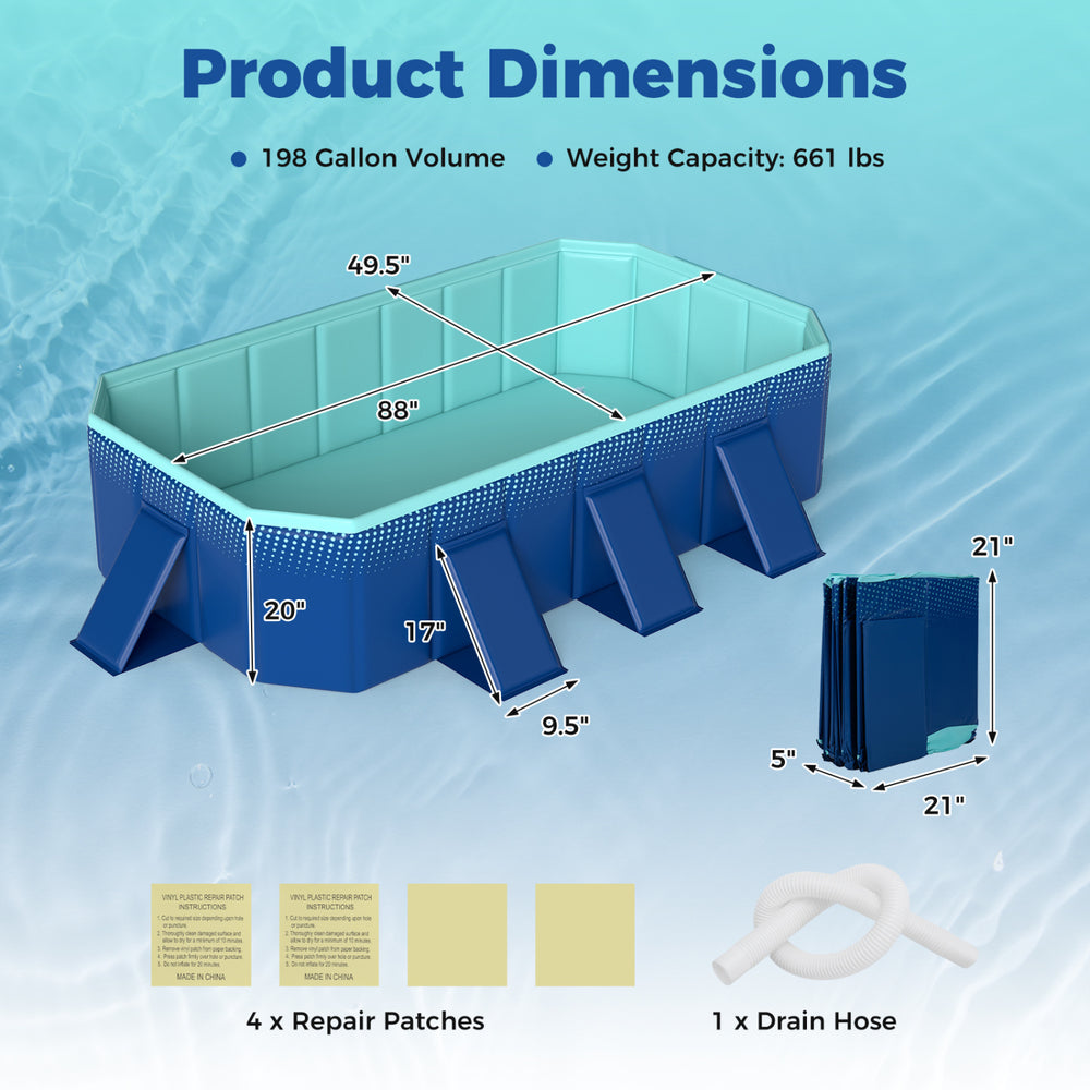 Non-inflatable portable swimming pool in navy with 198-gallon capacity, 8 support panels, and efficient drainage system.
