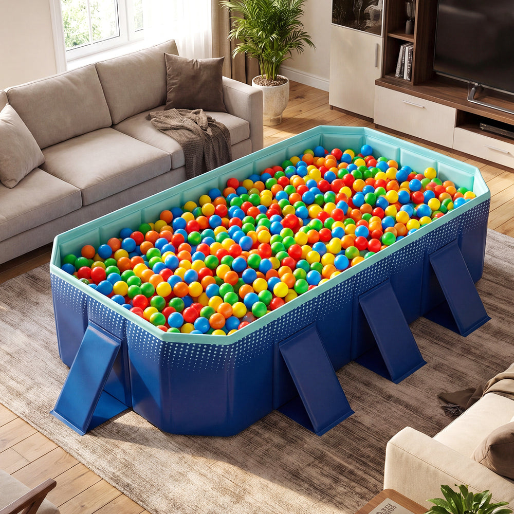 Non-inflatable portable swimming pool in navy, filled with colorful balls, ideal for indoor or outdoor fun.