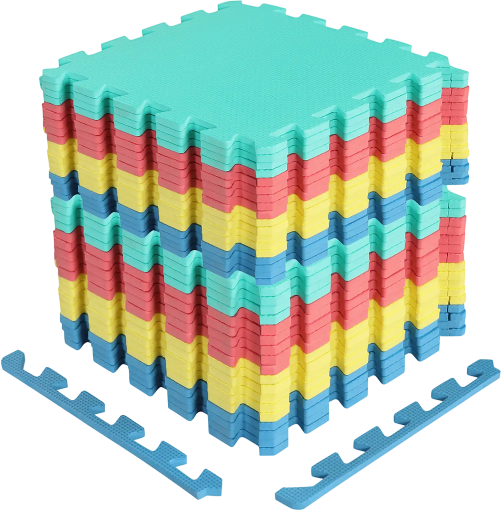 Multicolor interlocking foam tiles stacked, featuring non-slip surface and 0.4" thickness for home gym and living room.