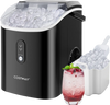 Nugget countertop ice maker in black, producing soft chewable ice, with ice scoop and basket for easy serving.