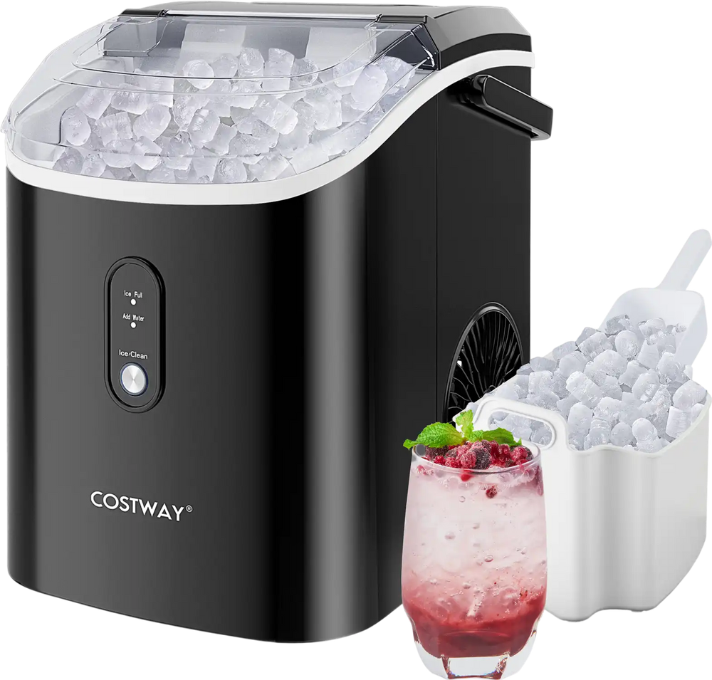 Nugget countertop ice maker in black, producing soft chewable ice, with ice scoop and basket for easy serving.