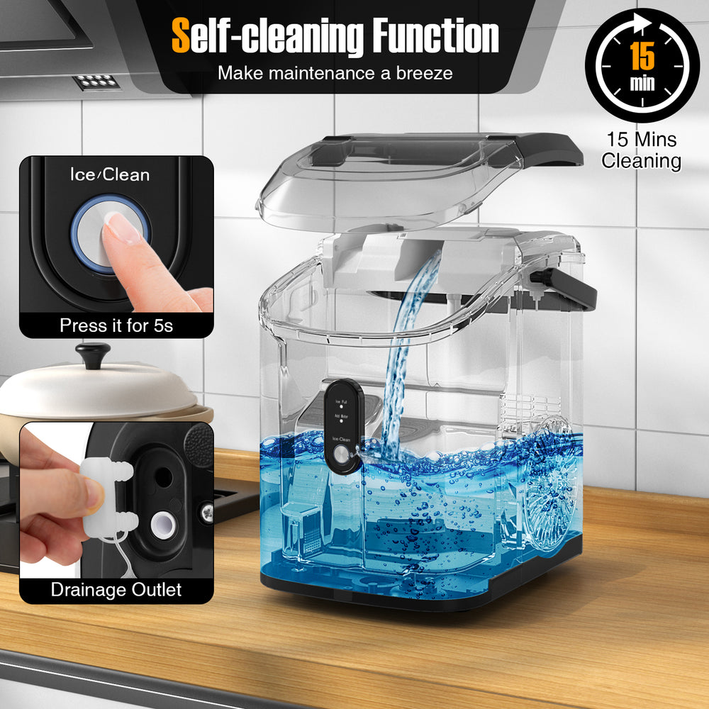 Nugget countertop ice maker in black with self-cleaning function, producing soft chewable ice in just 6 minutes.