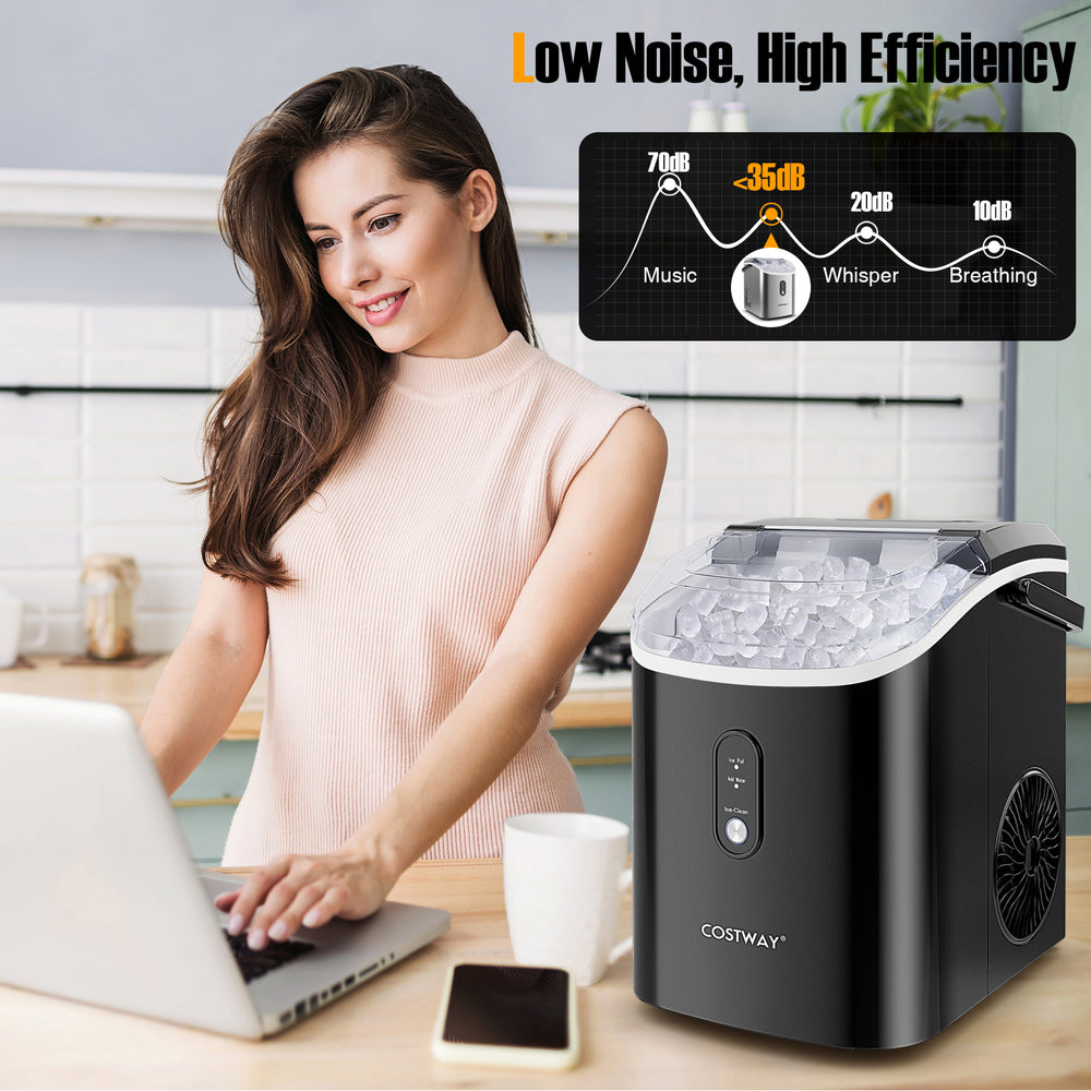 Nugget countertop ice maker in black, producing soft chewable ice, ideal for kitchen or office use.