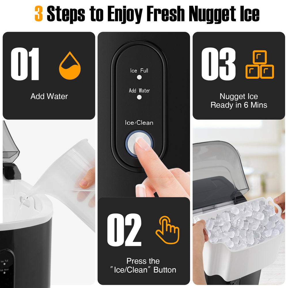 Nugget countertop ice maker in black, featuring a one-button operation for quick ice production in 6 minutes.