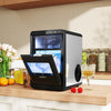 Countertop nugget ice maker in black, producing soft chewable ice quickly, with front-opening door and LED display.