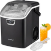 Countertop nugget ice maker in black with ice scoop, producing 33 lbs of soft, flavor-absorbing ice for drinks.