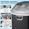 Nugget ice maker control panel showing one-button operation, water fill indicator, and ice scoop for easy use.
