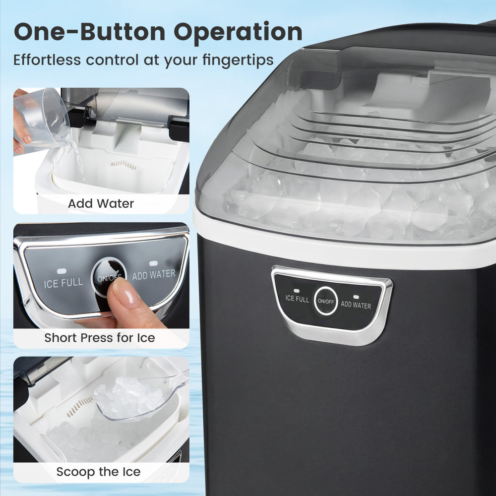 Nugget ice maker control panel showing one-button operation, water fill indicator, and ice scoop for easy use.