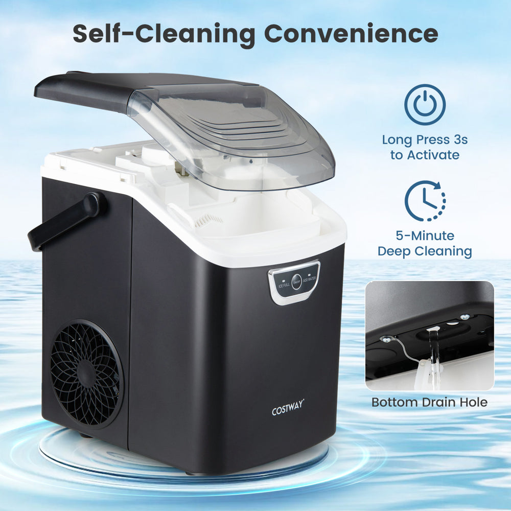 Nugget ice maker in black with self-cleaning feature, 33 lbs daily output, and removable top cover for easy cleaning.