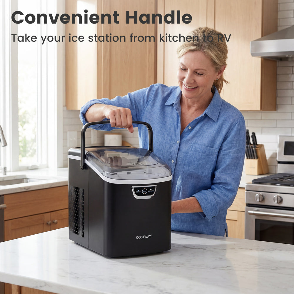 Nugget ice maker with convenient handle, featuring a sleek black design for easy transport from kitchen to RV.