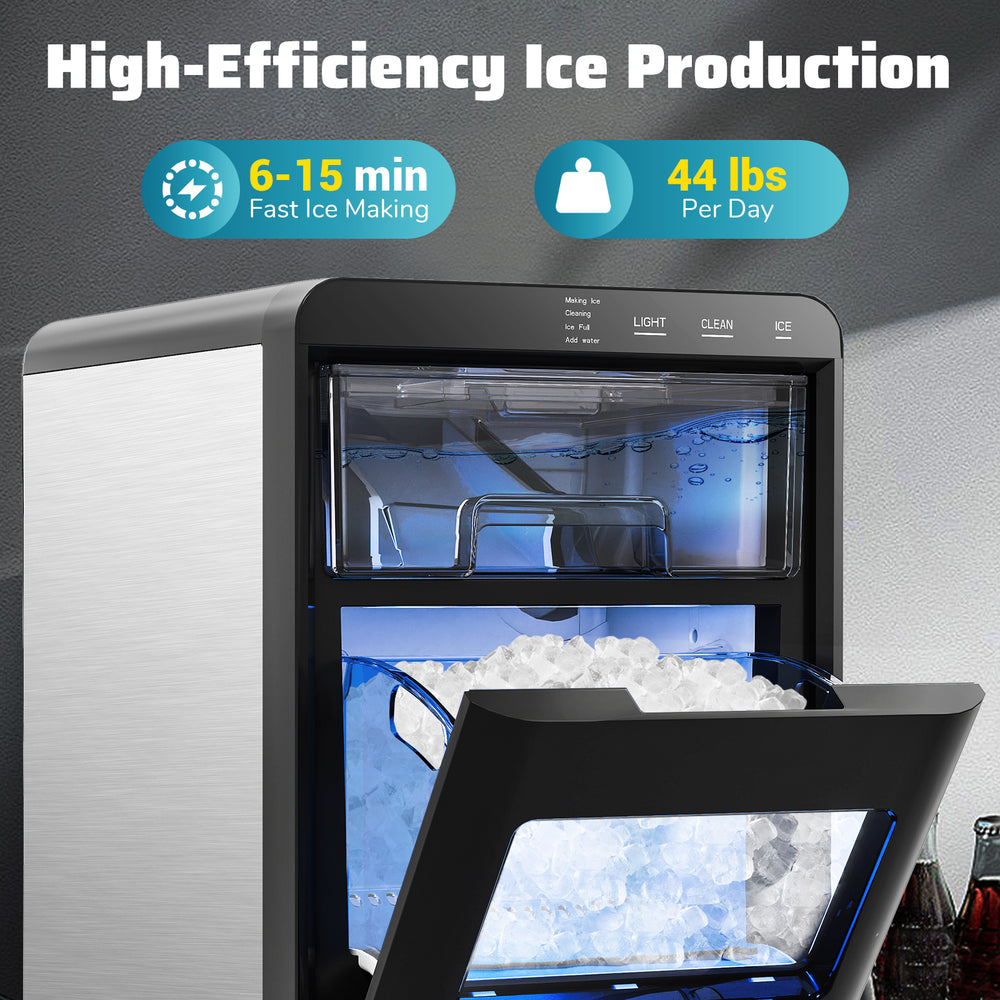 Nugget ice maker countertop in black, showcasing fast ice production and user-friendly touch panel for easy operation.