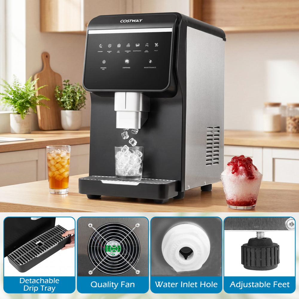 Nugget ice maker with stainless steel finish, producing 80 lbs of chewable ice daily, featuring a detachable drip tray.