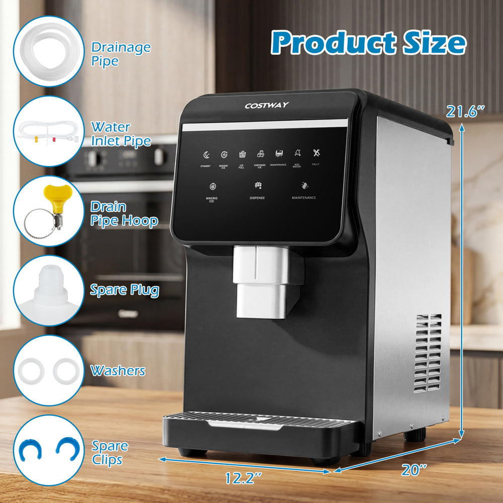 Nugget ice maker with a sleek design, producing 80 lbs of chewable ice daily, featuring a control panel and detachable drip tray.