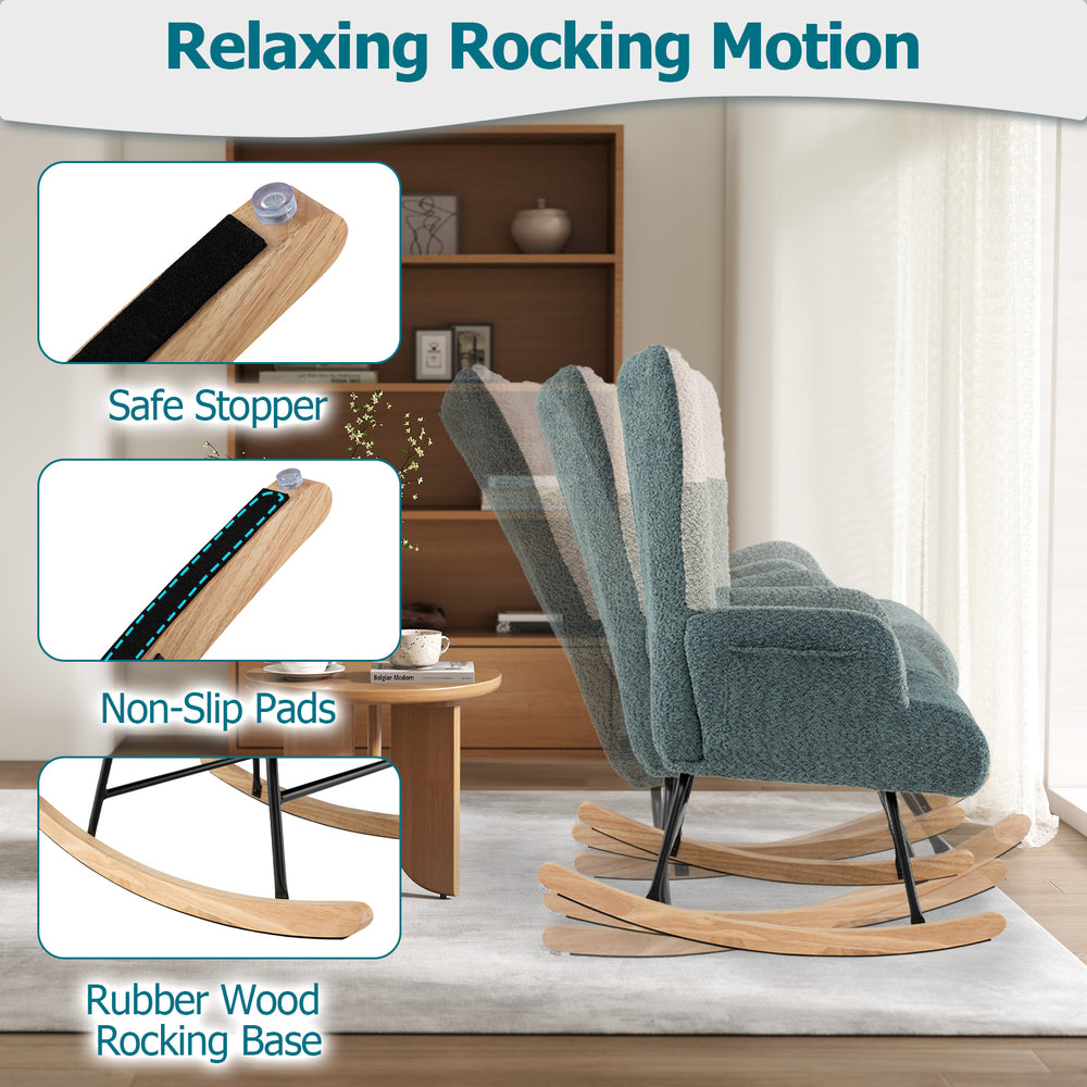 Nursery rocking chair with ergonomic armrests, rubber wood base, and cozy boucle fabric for ultimate relaxation.
