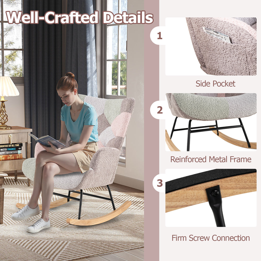 Nursery rocking chair with ergonomic armrests, boucle fabric, and sturdy plywood base, perfect for living room.