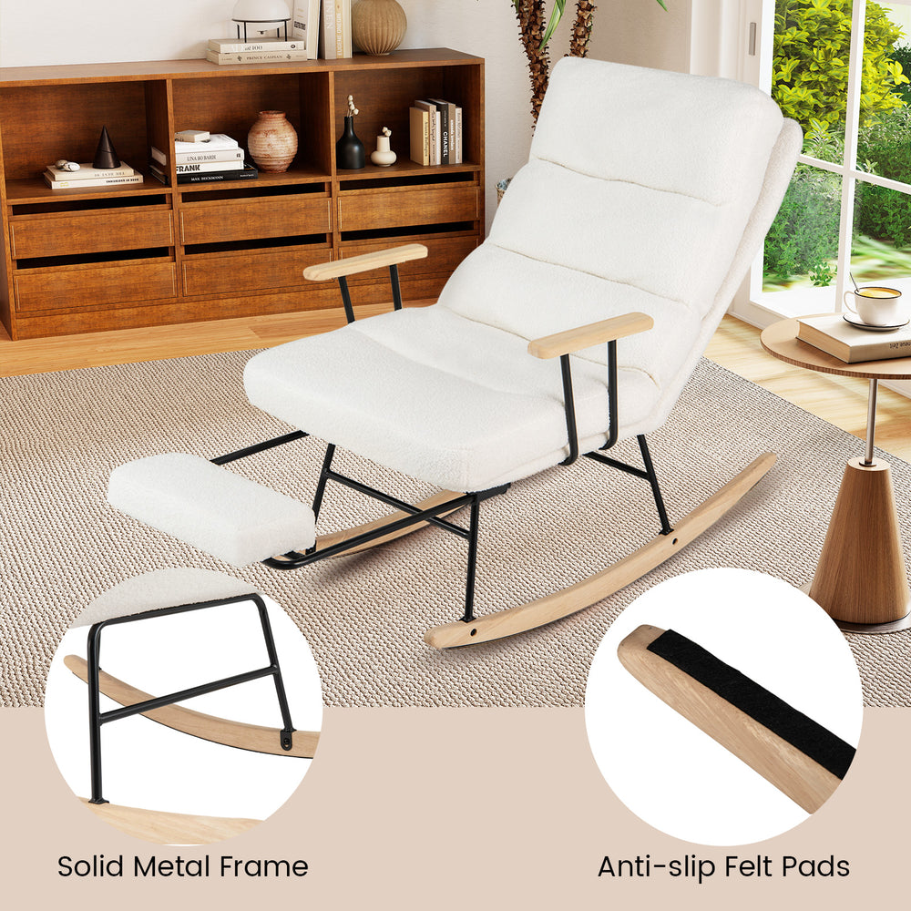 Nursery rocking chair with white teddy velvet upholstery, adjustable backrest, and solid metal frame for ergonomic.