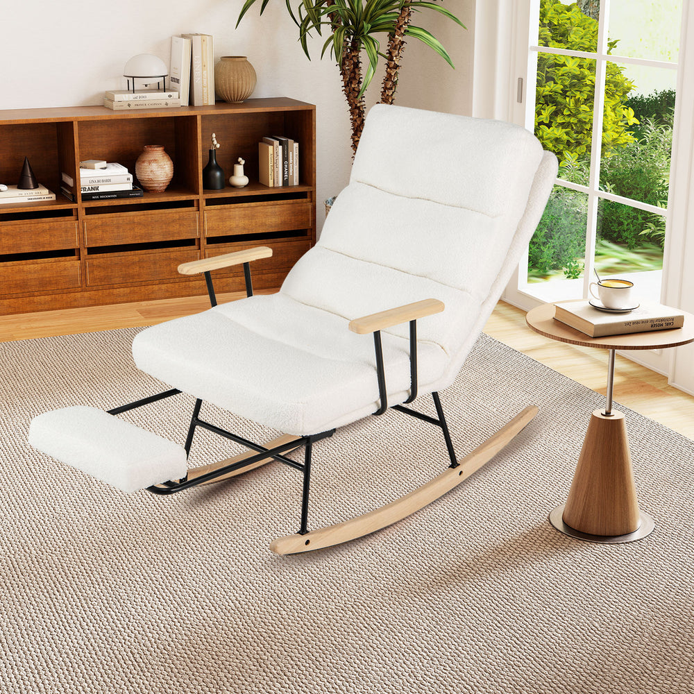 White teddy velvet upholstered rocking chair with adjustable backrest and retractable footrest, perfect for relaxation.