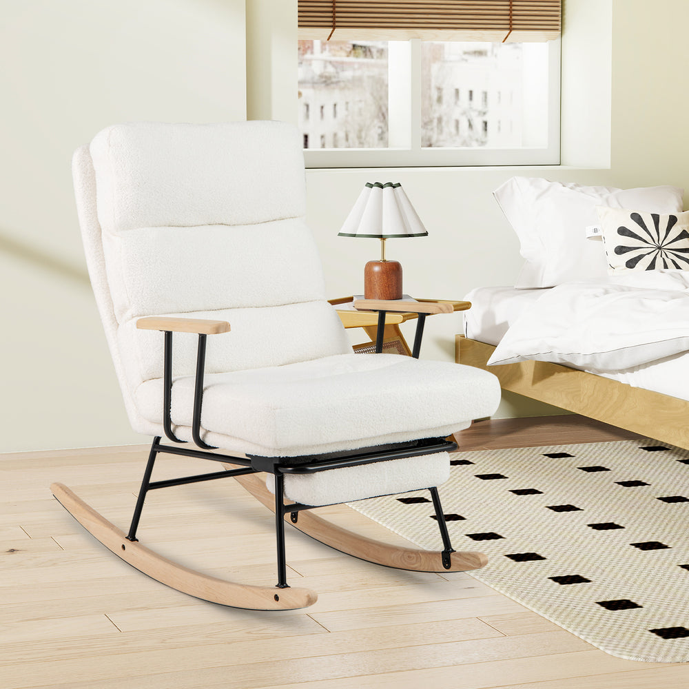 White teddy velvet upholstered nursery rocking chair with adjustable backrest and retractable footrest for ergonomic.