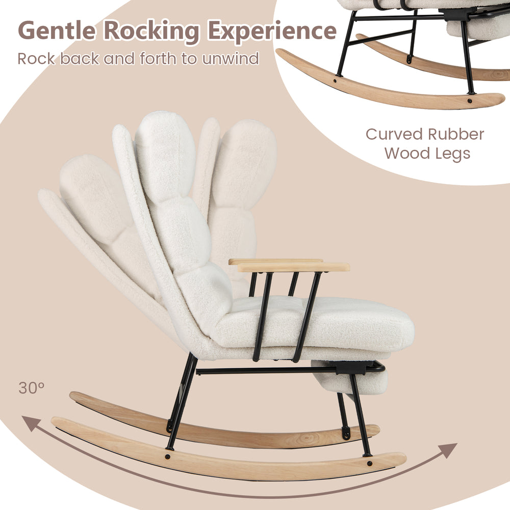 Nursery rocking chair with teddy velvet upholstery, curved rubber wood legs, and adjustable backrest for ergonomic.