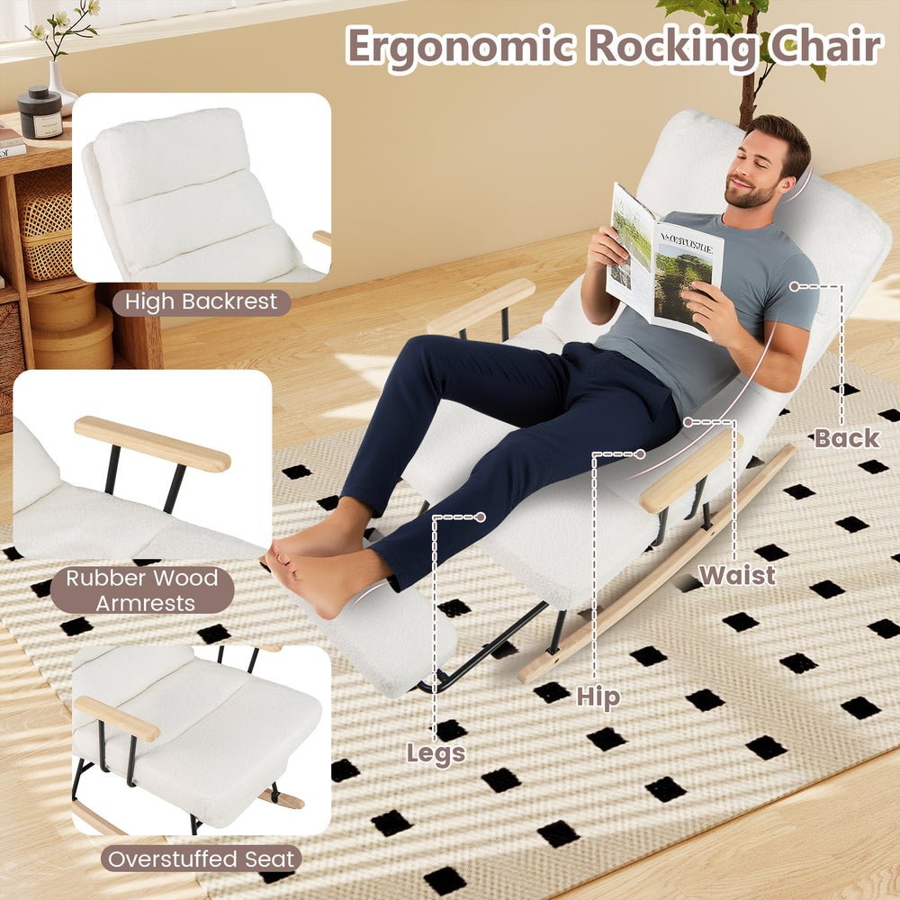 Ergonomic rocking chair with high backrest and retractable footrest, upholstered in white teddy velvet for comfort.