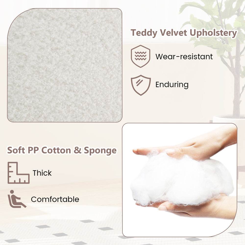Close-up of teddy velvet upholstery on a white nursery rocking chair, featuring soft PP cotton for comfortable seating.