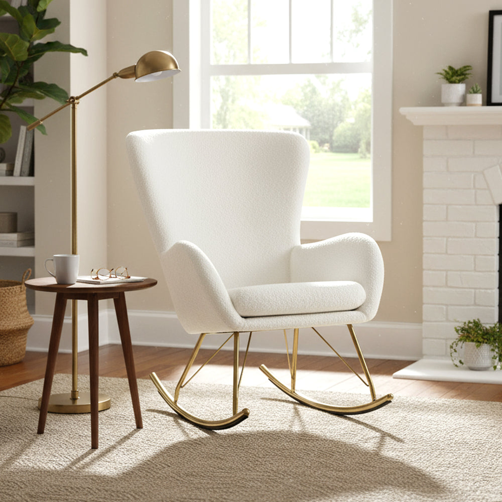 White nursery rocking chair with curved backrest and armrests, featuring teddy fleece cover and gold electroplated legs.
