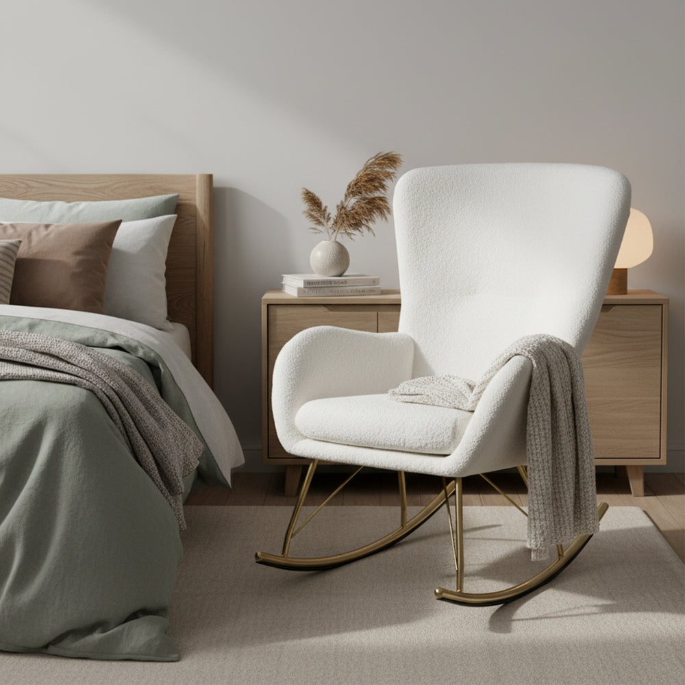 White nursery rocking chair with curved backrest and armrests, featuring teddy fleece cover and electroplated metal.