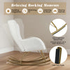 White nursery rocking chair with curved backrest, soft sponge filling, and electroplated metal legs for comfort and.