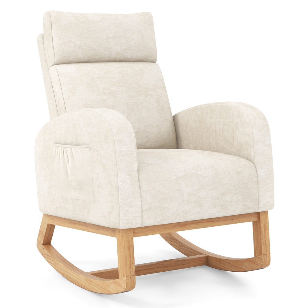 Nursery rocking chair upholstered in beige chenille with a sturdy rubber wood frame, perfect for living rooms and.