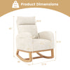 Nursery rocking chair with beige chenille upholstery and rubber wood frame, featuring ergonomic design and product.