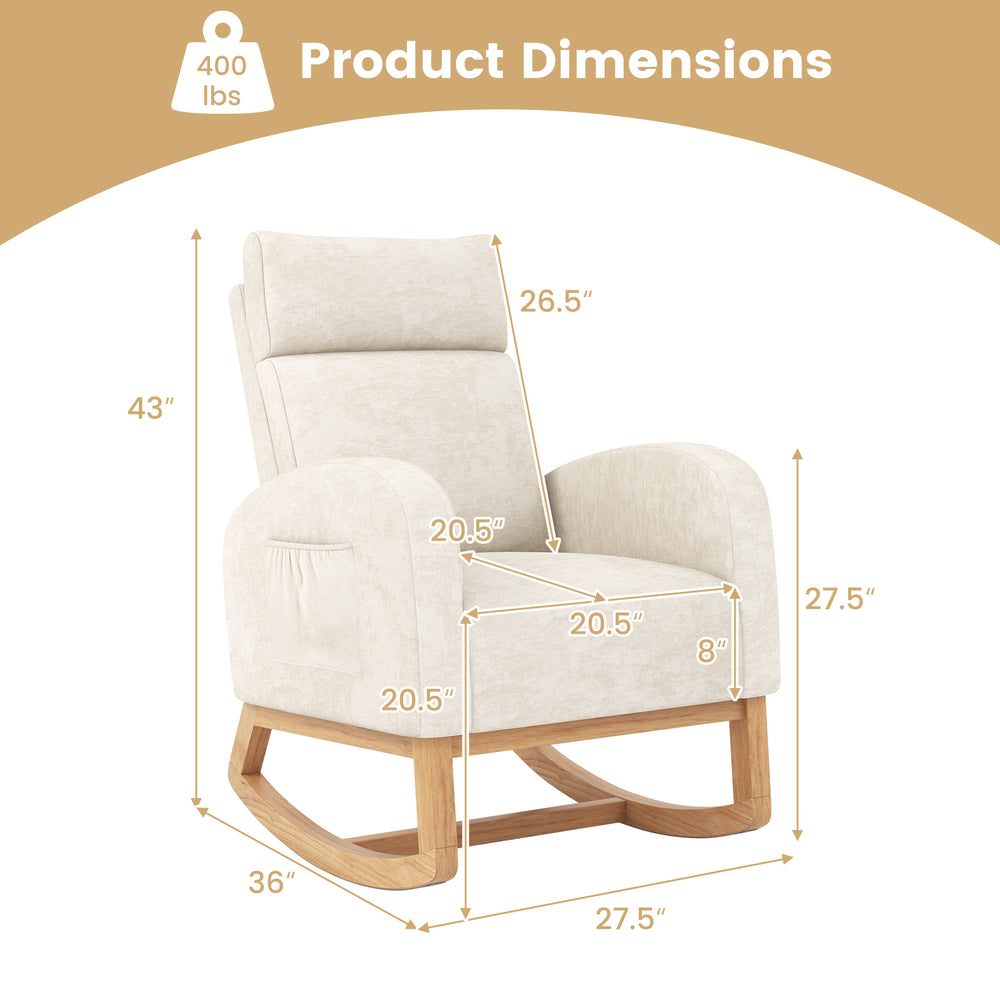 Nursery rocking chair with beige chenille upholstery and rubber wood frame, featuring ergonomic design and product.