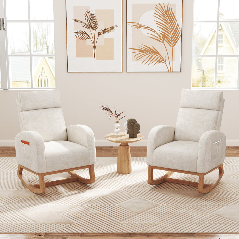 Upholstered nursery rocking chair in beige chenille with natural rubber wood frame, designed for comfort and relaxation.