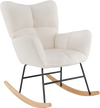 Nursery rocking chair in beige with comfy backrest and armrests, featuring a sturdy metal frame and rubber wood base.