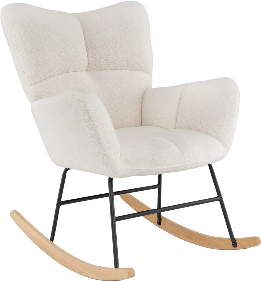 Nursery rocking chair in beige with comfy backrest and armrests, featuring a sturdy metal frame and rubber wood base.