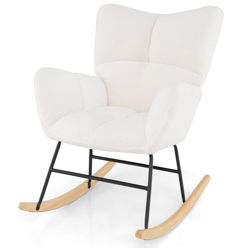 Nursery rocking chair in beige with teddy fabric, ergonomic design, and sturdy rubber wood base for soothing relaxation.