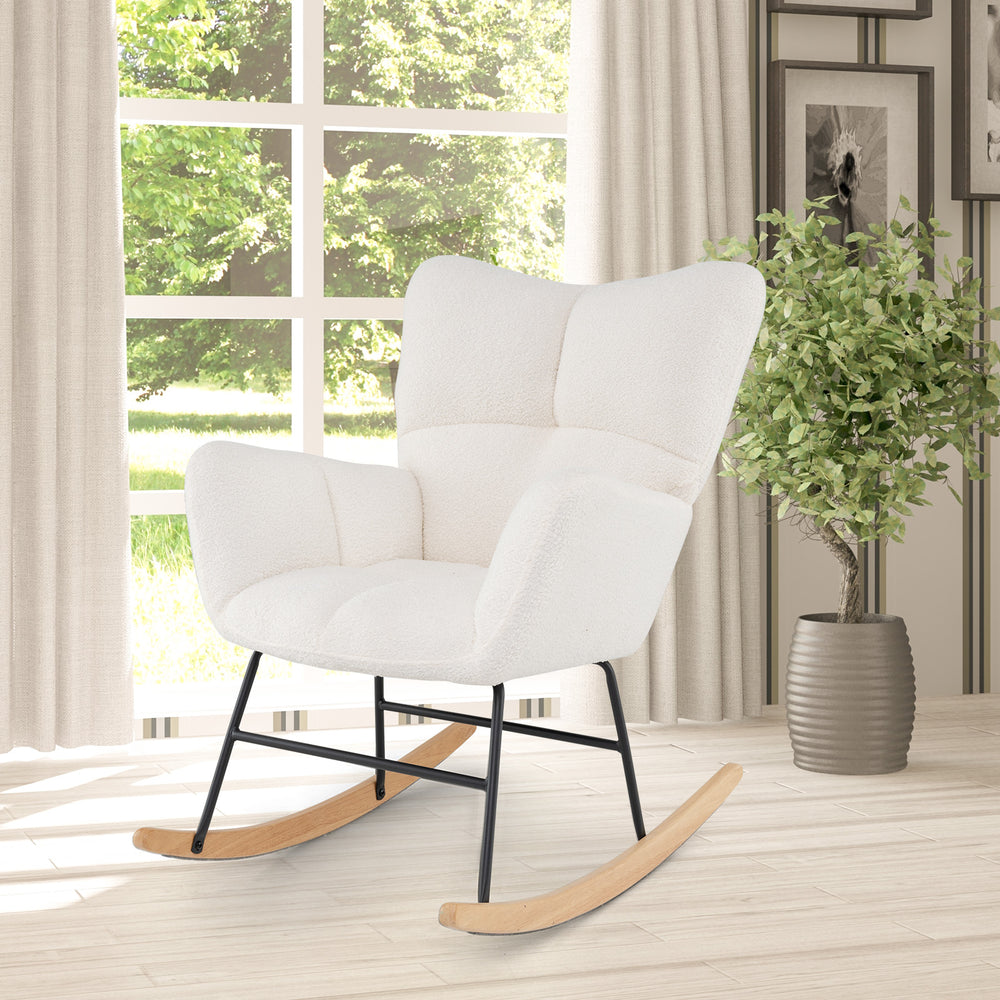 Nursery rocking chair in beige with plush upholstery, ergonomic design, and sturdy rubber wood base for relaxation.