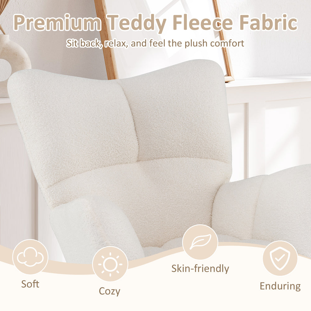 Nursery rocking chair in beige with premium teddy fleece fabric, ergonomic design, and plush comfort for relaxation.