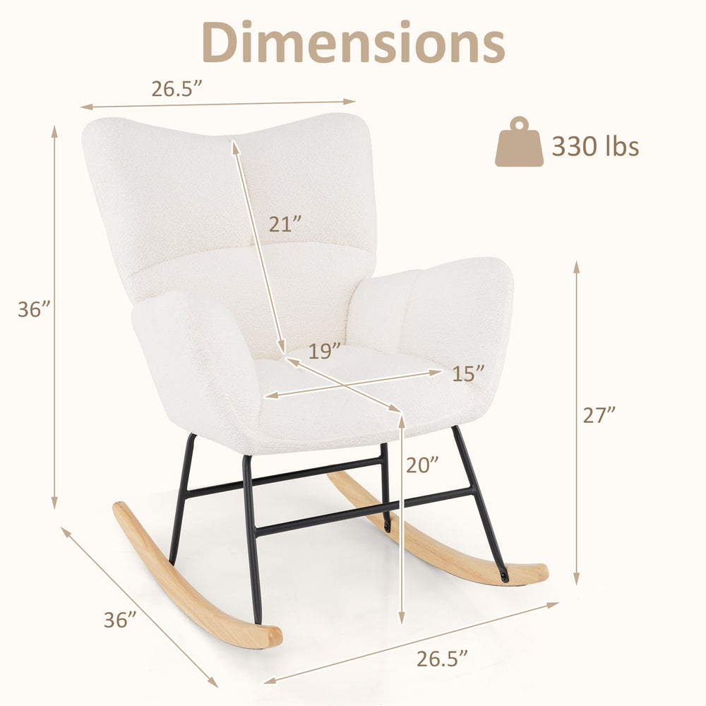 Nursery rocking chair in beige with ergonomic design, plush cushion, and sturdy metal frame, supports up to 330 lbs.