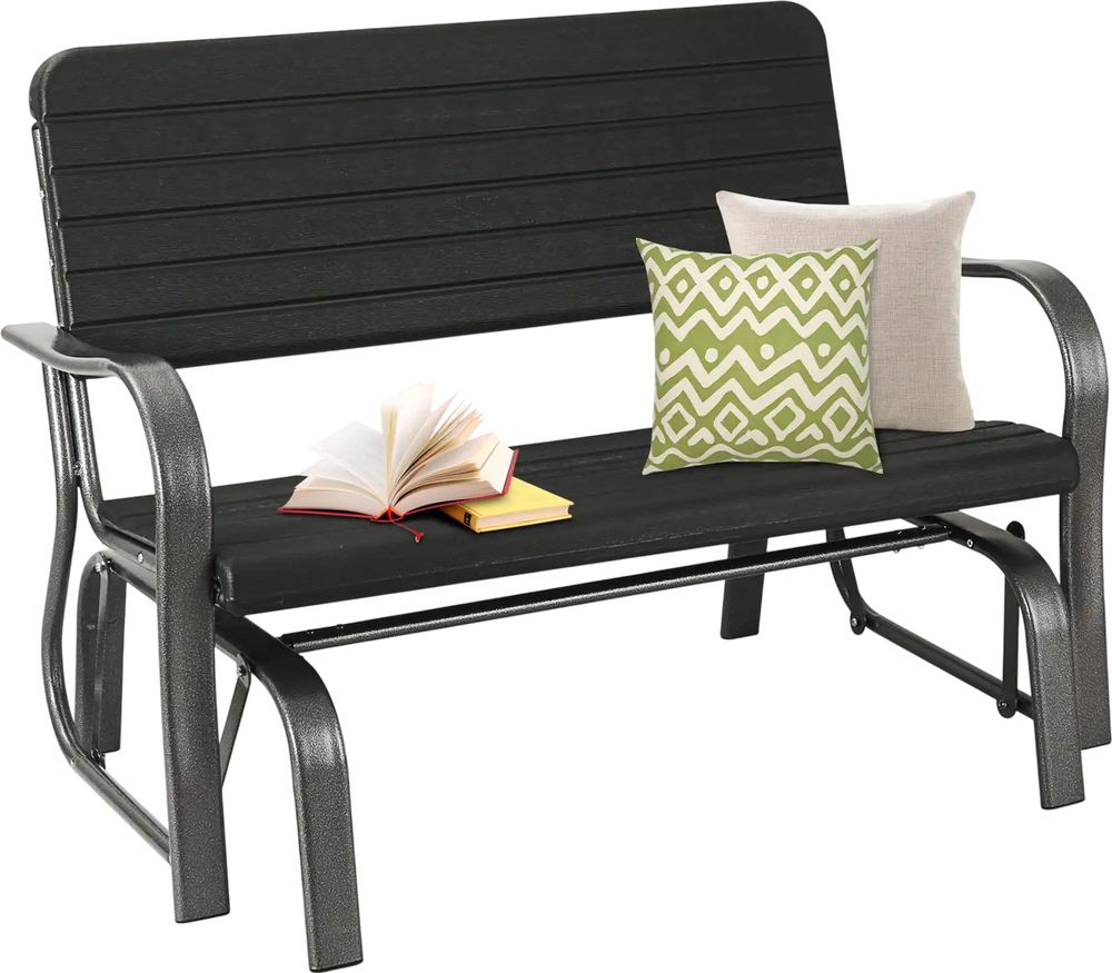 2-seat porch glider in black with ergonomic backrest, featuring a steel frame and cushions, ideal for backyard.