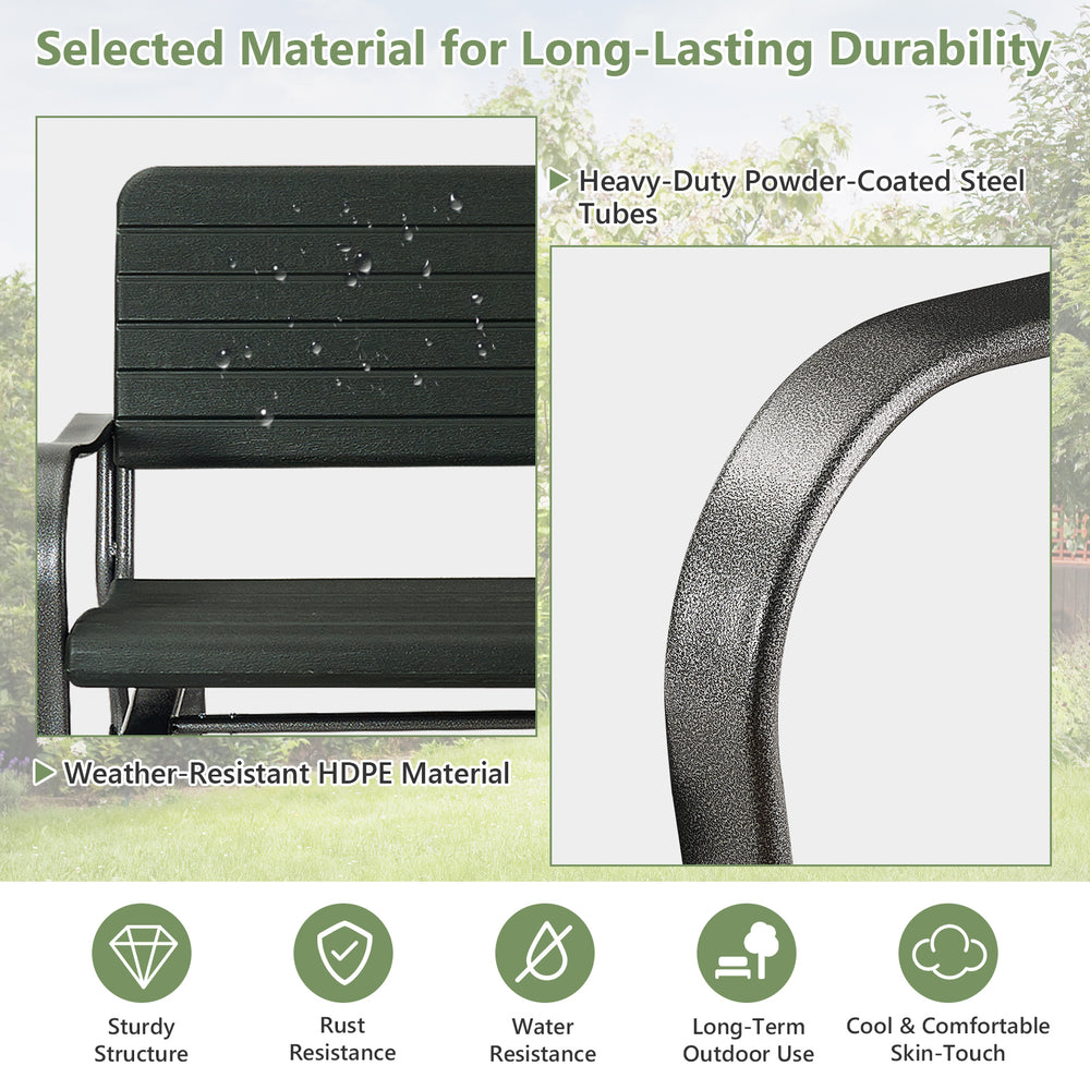 Close-up of the black 2-seat porch glider showcasing weather-resistant HDPE material and powder-coated steel frame for.
