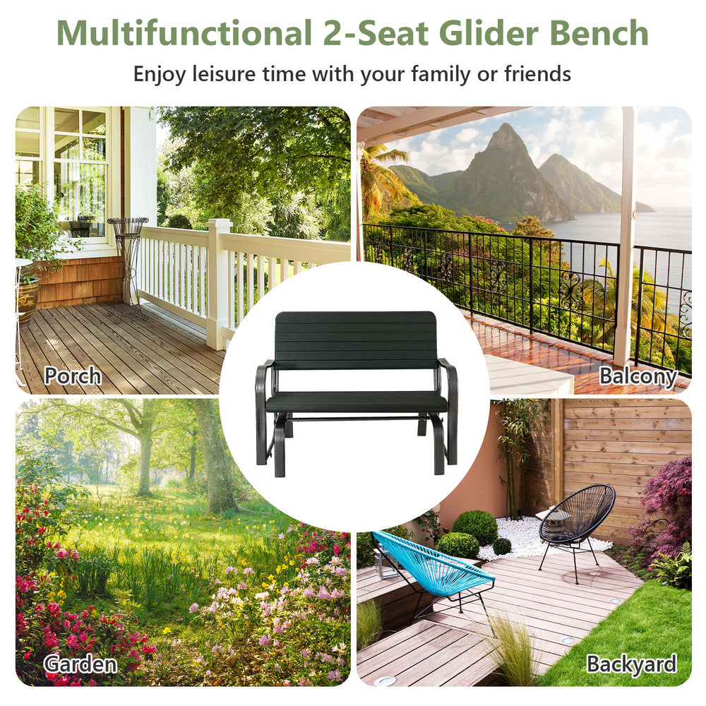 2-seat porch glider in black with ergonomic backrest, ideal for backyard or garden relaxation.