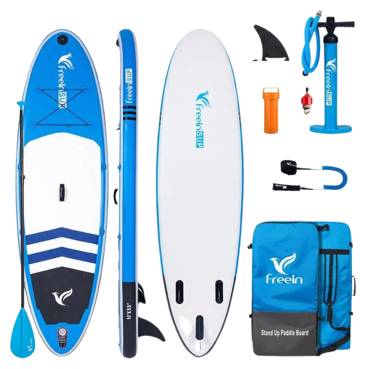 Freein 10' Inflatable Ocean SUP Stand Up Paddle Board Package Dual Action Pump Camera Mount Blue New