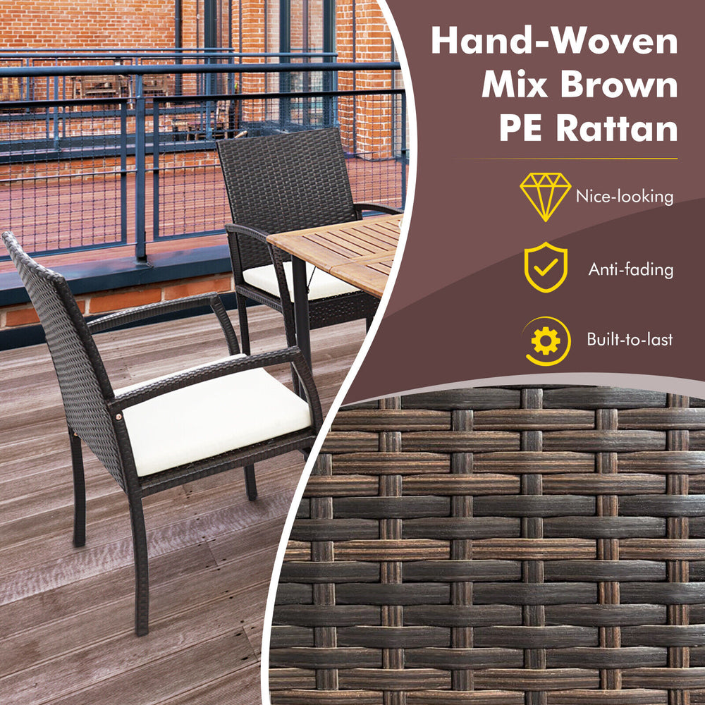 Hand-woven mix brown PE rattan dining armchair set with soft zippered cushions, ideal for patio and outdoor use.