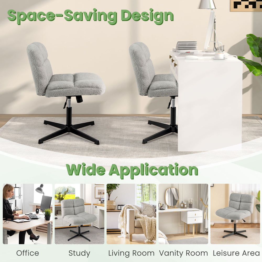 Gray office armless chair with imitation lamb fleece, adjustable height, and 360° rotation for versatile use.