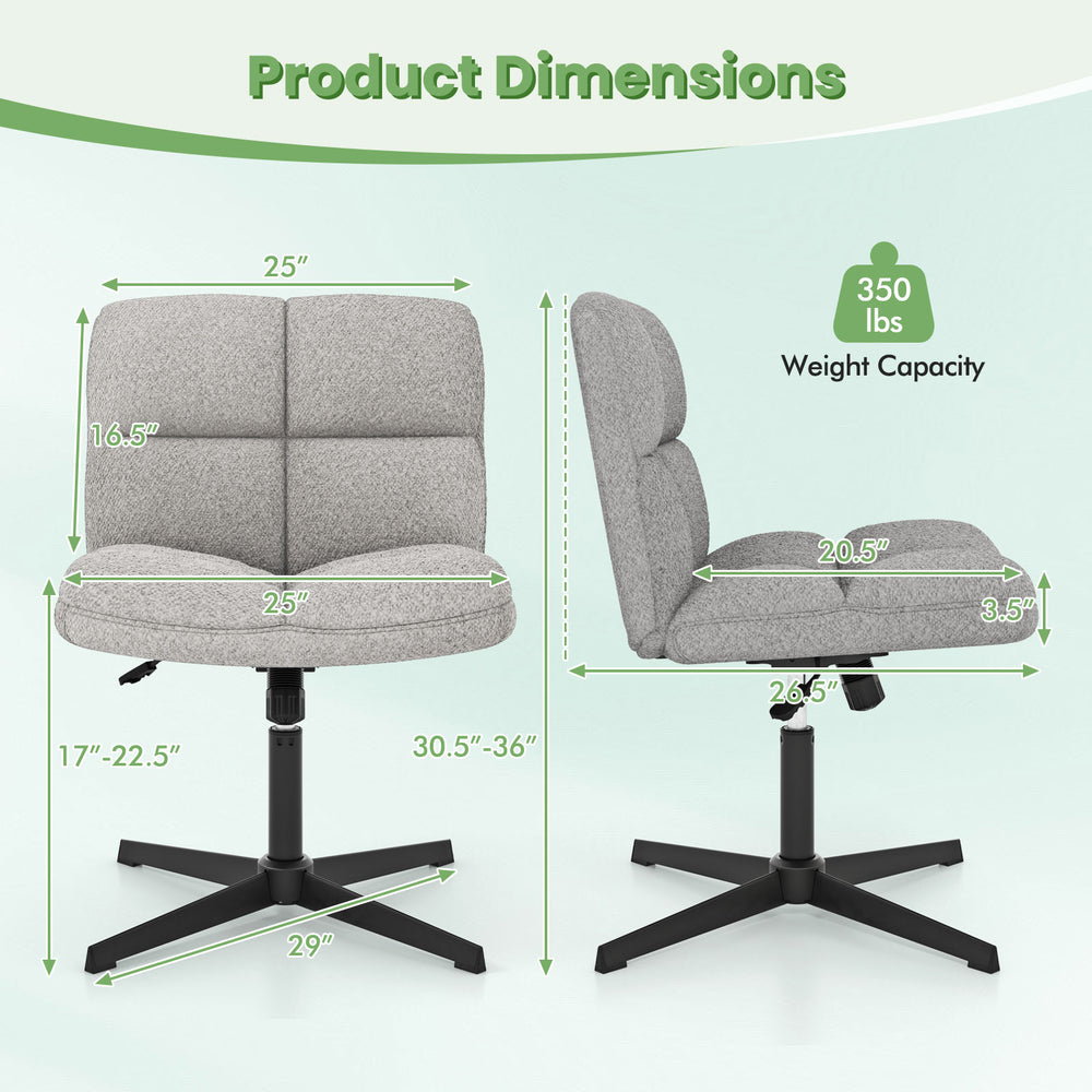 Gray office armless chair with adjustable height, U-shaped cushion, and 360° rotation, ideal for comfortable seating.
