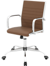 Height adjustable brown office chair with rocking backrest, armrests, and 360° swivel for conference room comfort.