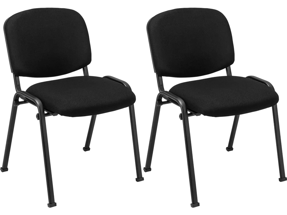 Black office chairs with padded cushions and metal frames, designed for conference rooms, set of 2 for versatile use.
