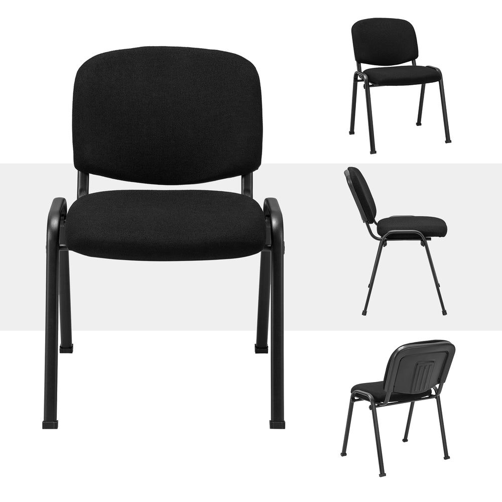 Black office chair with padded cushions and metal frame, designed for conference rooms, stackable for space-saving.