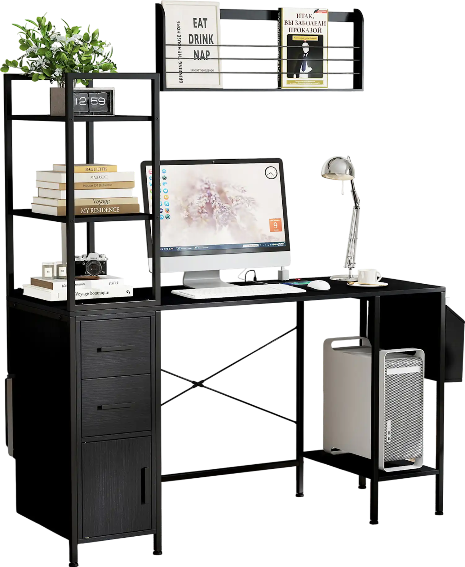 Costway Office Computer Desk with LED Lights & Power Outlets Black 421856739 New